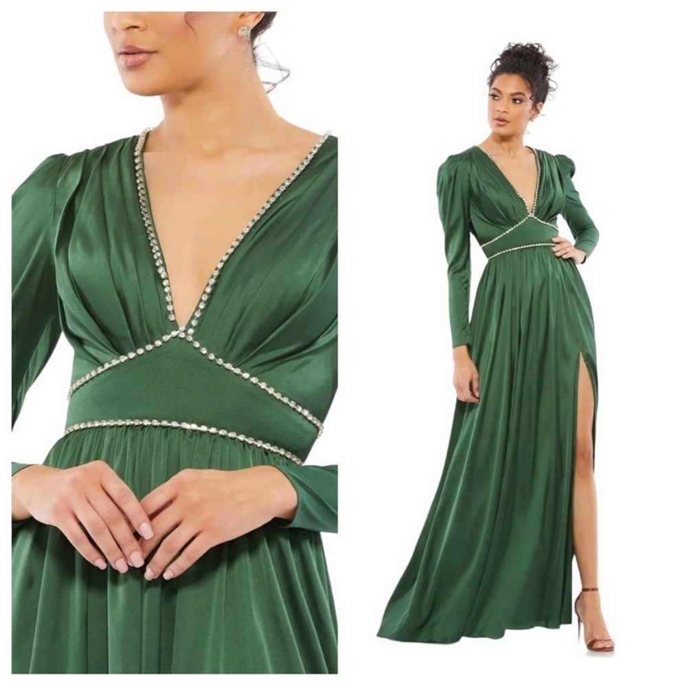 Mac Duggal Satin Puff Shoulder Rhinestone Gown Formal Party Prom #55702 Green 2